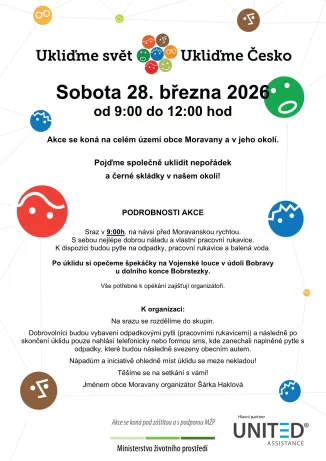 Pozvánka na akci Ukliďme Česko, úklidové symboly, datum 28. března 2026.