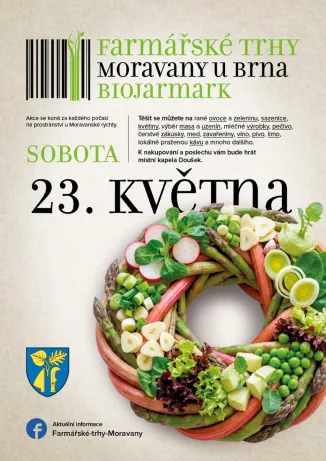 Věnec ze zeleniny na plakátu farmářských trhů, datum 23. května.