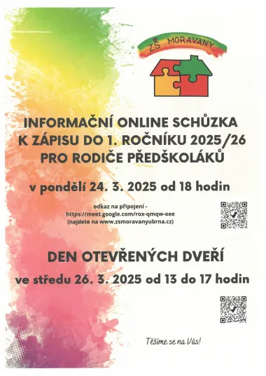 Informační online schůzka k zápisu do 1. ročníku 2025/26 předškoláků a den otevřených dveří