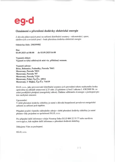 Oznámení o přerušení dodávky elektrické energie dne 3. 9. 2025 